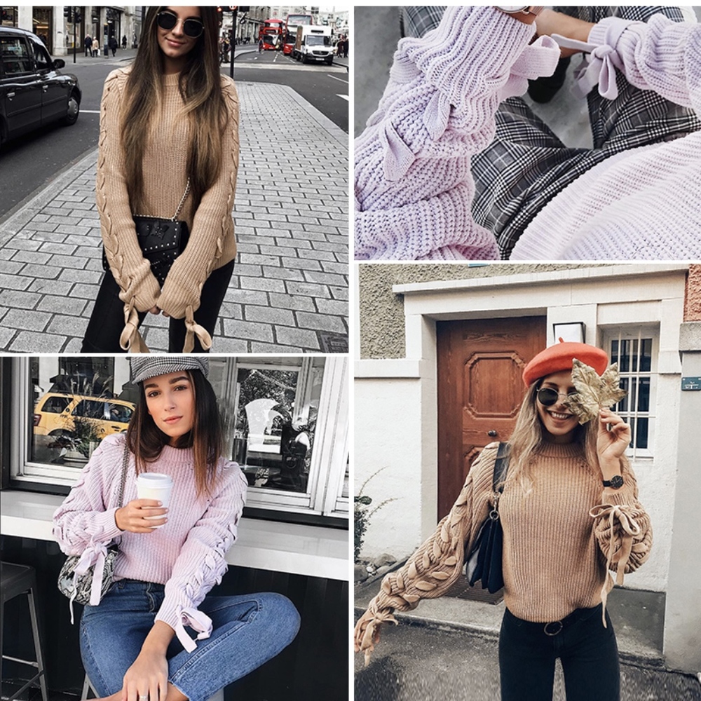 Lace Up Sleeve Knit Tan Sweater - Picture 4 of 8